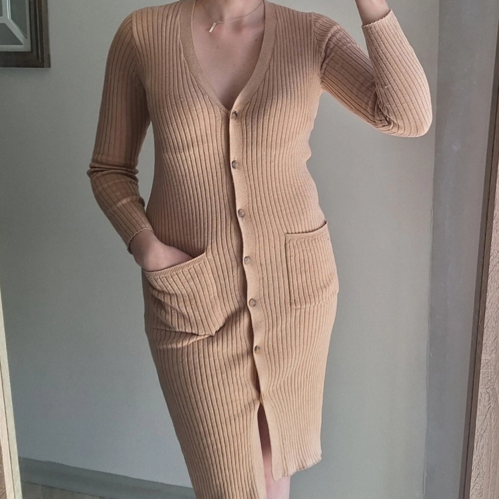 Forever 21 Tan Long Sleeve Ribbed Dress
